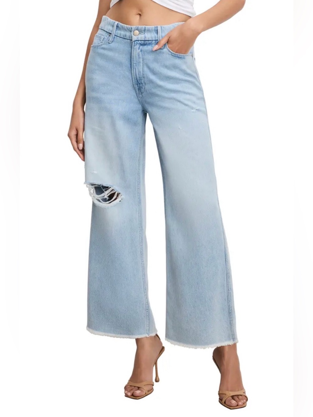 Good American Light Blue Distressed Wide-Leg Jeans